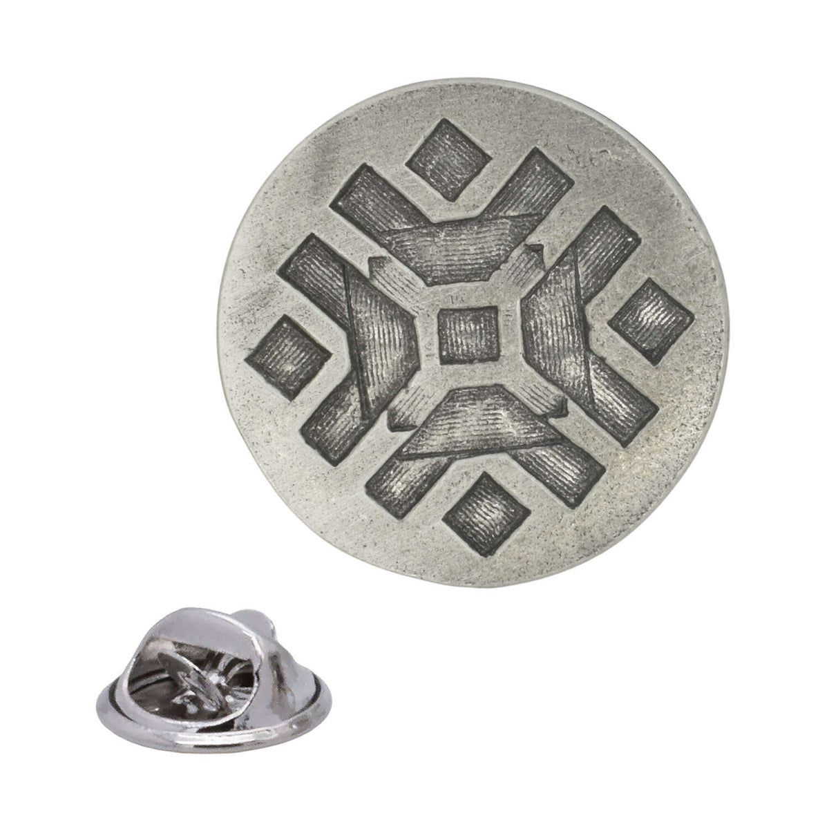 Antique silver circular Universe pewter lapel pin with symmetrical textured geometric motif and rear butterfly clasp