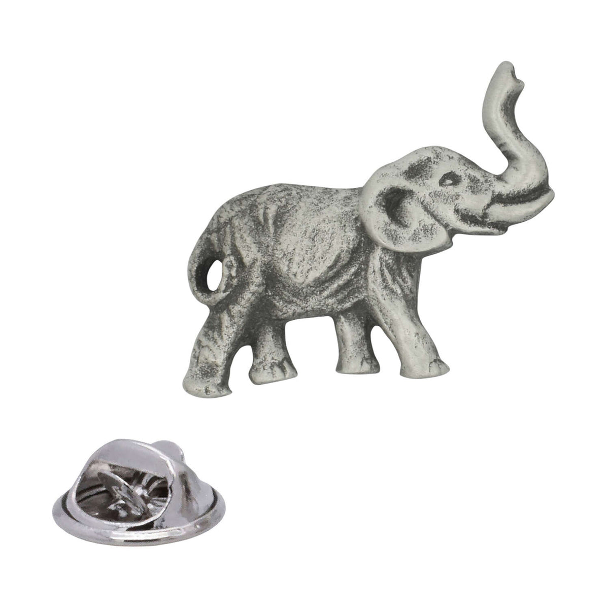 Antique silver lucky elephant pewter lapel pin with trunk raised, textured body and rear butterfly clasp