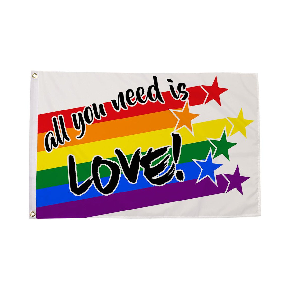 All You Need Is Love Pride Flag 5ft x 3ft with rainbow stripes and stars