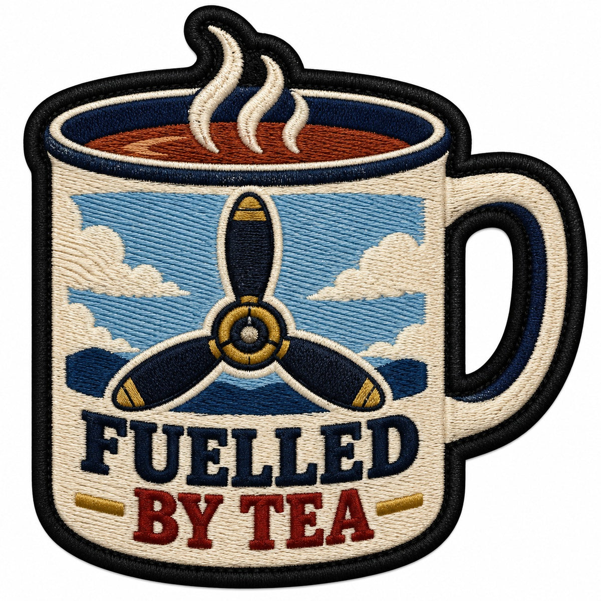 Fuelled By Tea embroidered patch design preview - 110mm