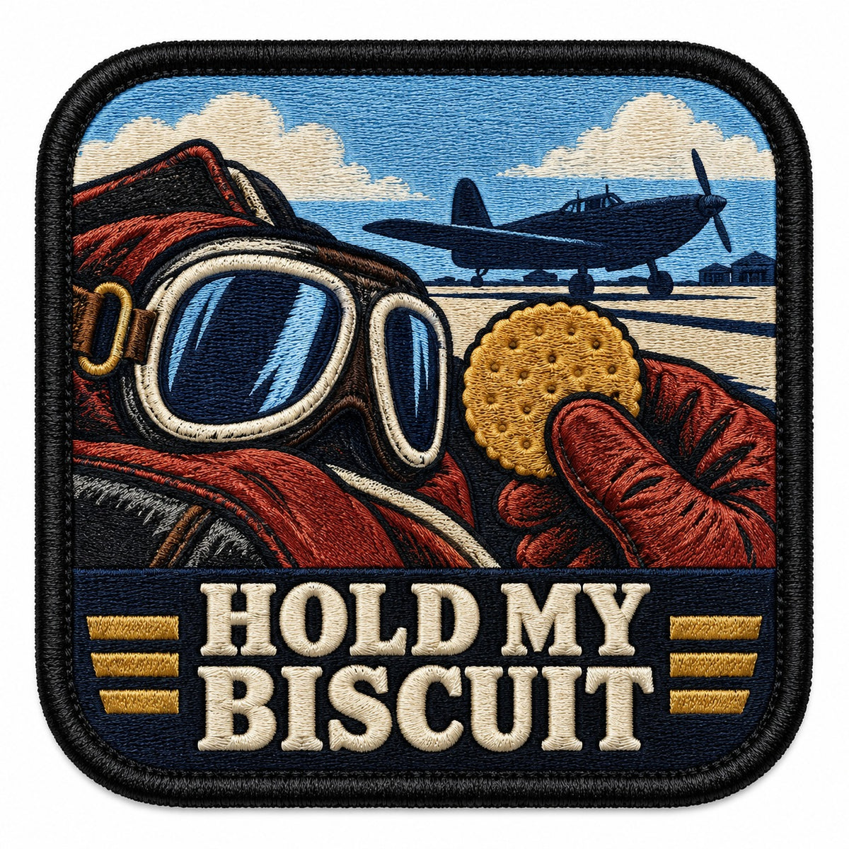 Hold My Biscuit embroidered patch design preview - 110mm