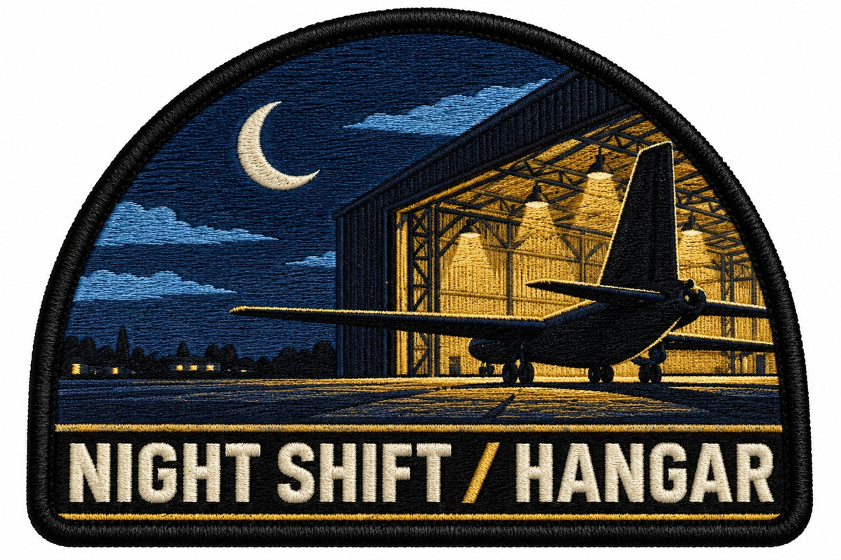 Night Shift Hangar embroidered patch design preview - 110mm