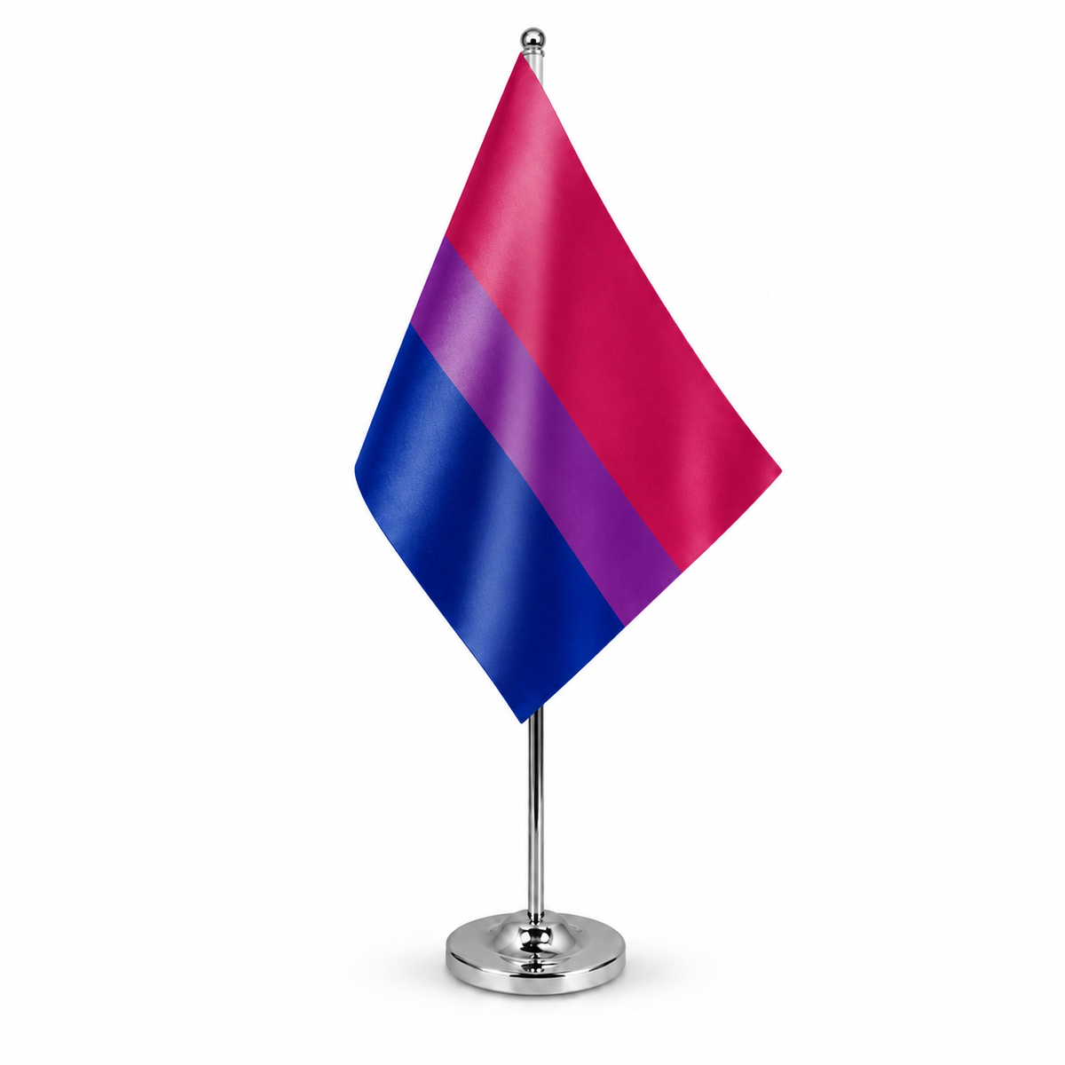 Bi-Pride bisexual satin table flag 9 x 6 inches on telescopic chrome pole and round base