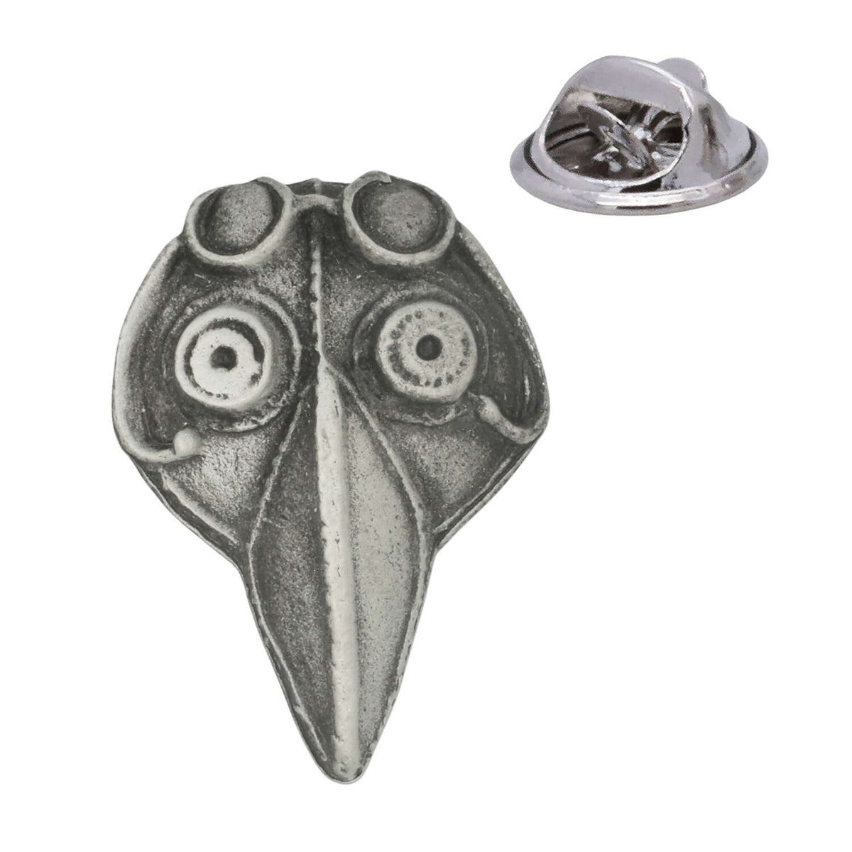 Bird mask pewter lapel pin badge with long pointed beak, round eye details and butterfly clutch fastening