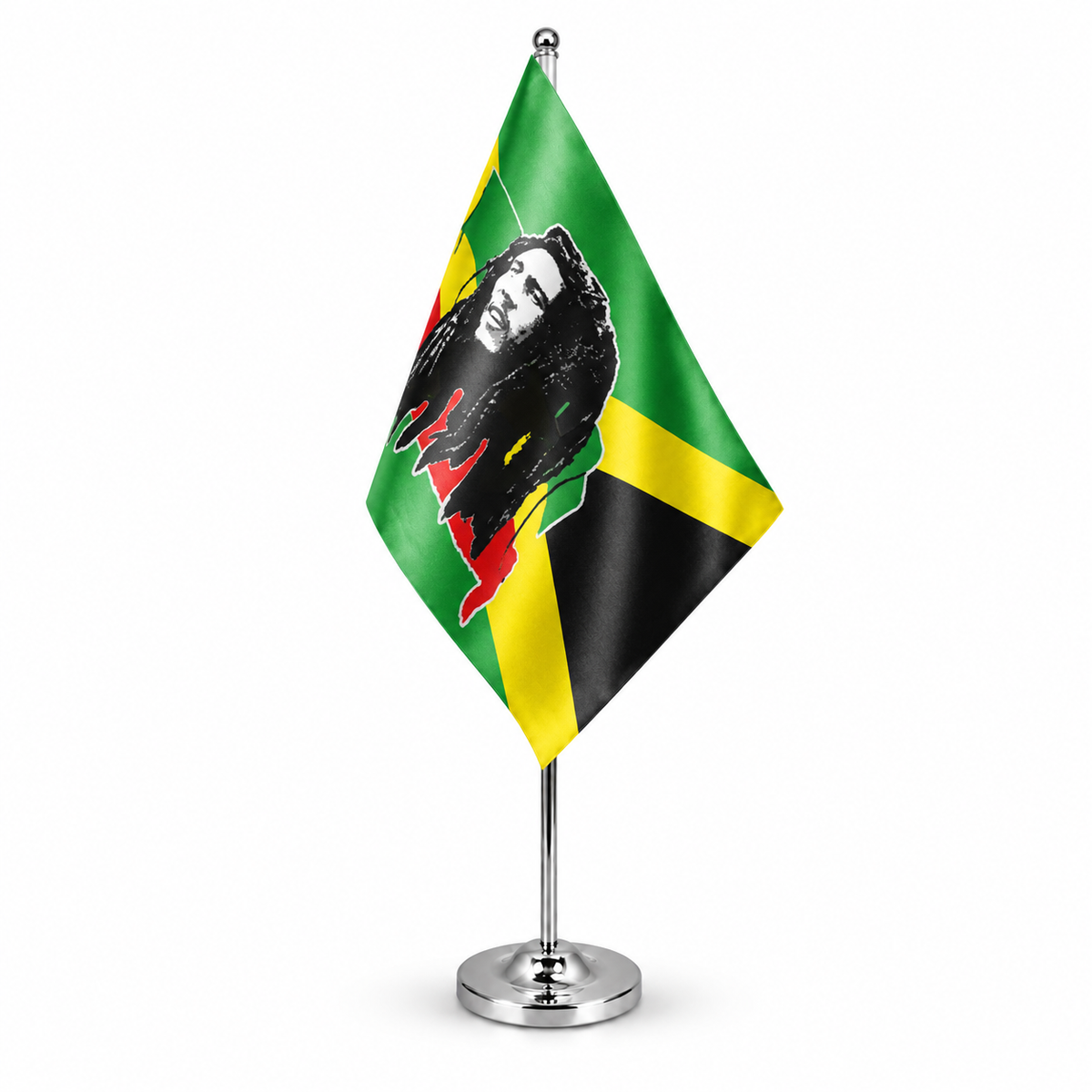 Bob Marley Jamaica satin table flag with chrome pole and round base