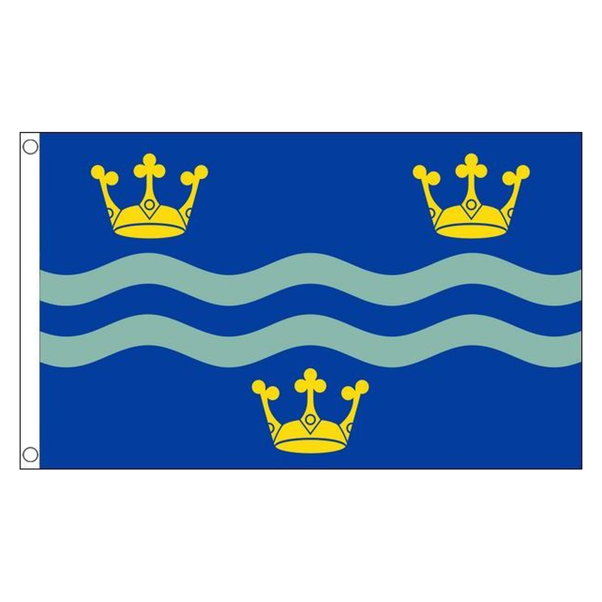 Cambridgeshire blue county flag with three gold crowns and two wavy bands, 5ft x 3ft