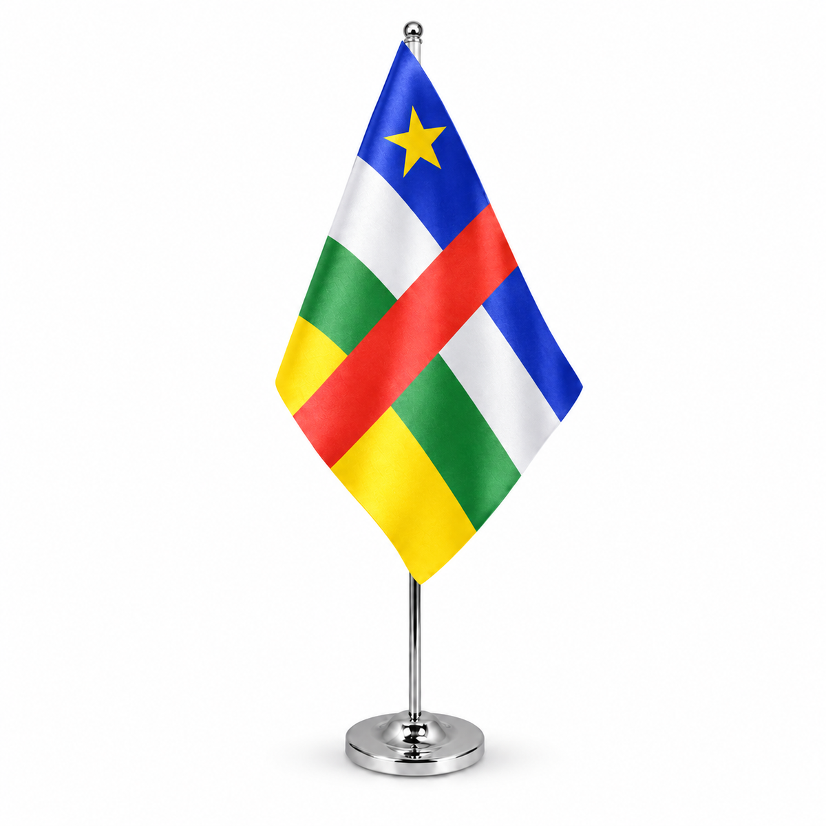 Central African Republic satin table flag on chrome pole and round base