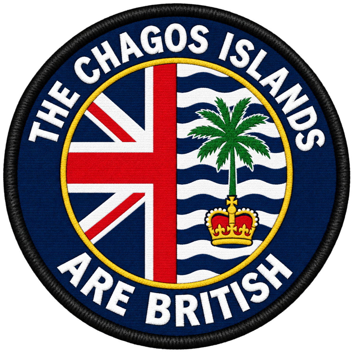 The Chagos Islands Are British round patch with split Union Jack and palm tree flag design, navy surround and black border