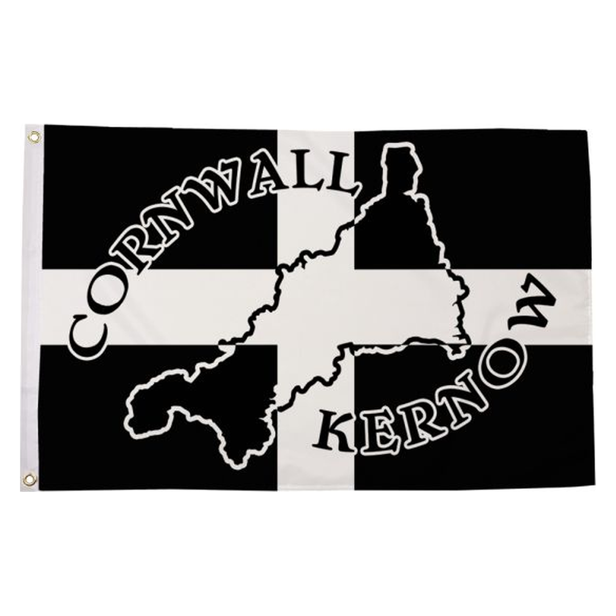 Cornwall Silhouette Kernow flag with Cornwall outline and lettering over a black and white cross, 5ft x 3ft