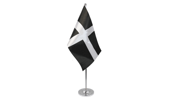 Cornwall St Piran's Cross satin table flag 9x6in with chrome pole and base