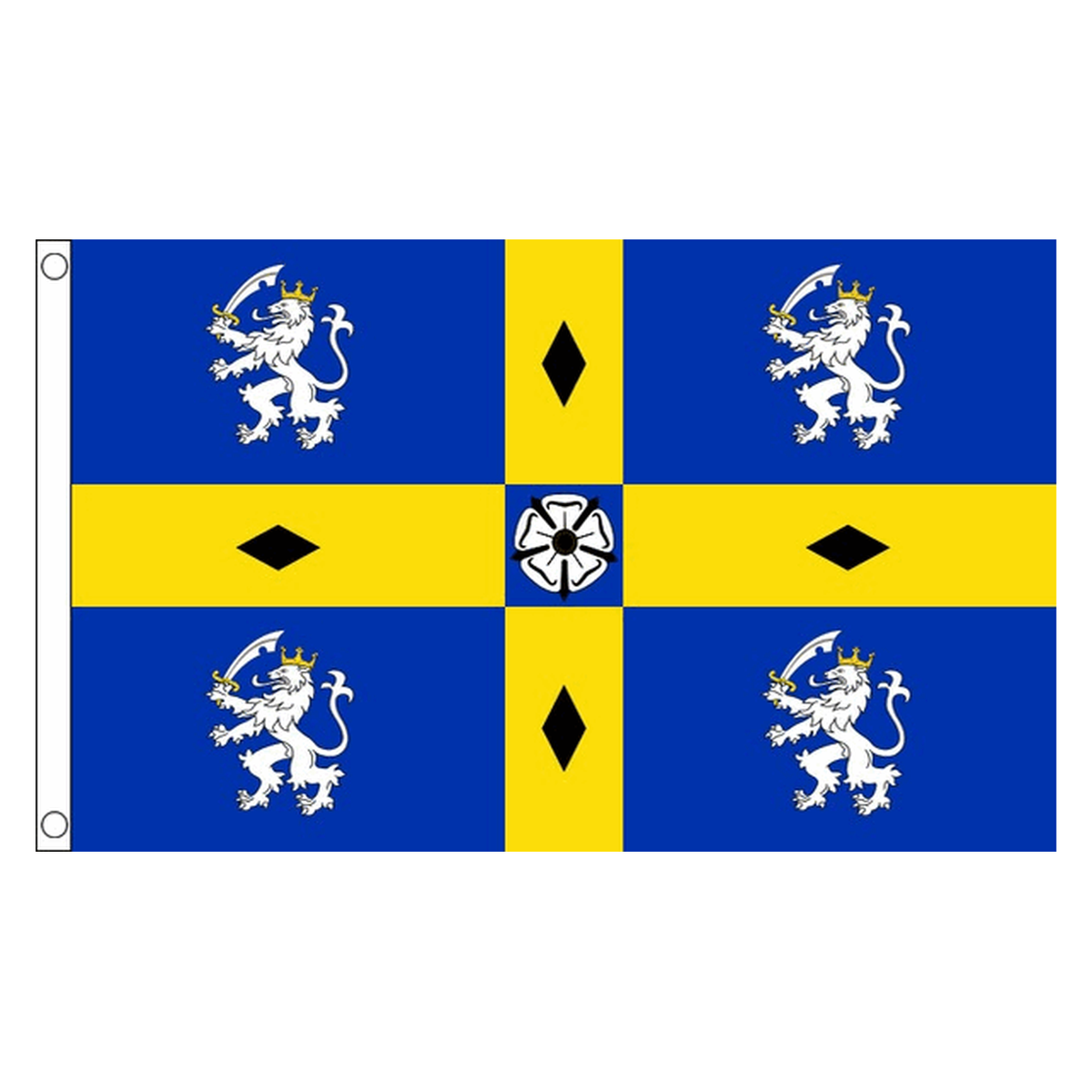 Durham County old flag with gold cross, four white lions, black diamonds and central white rose on blue, 5ft x 3ft