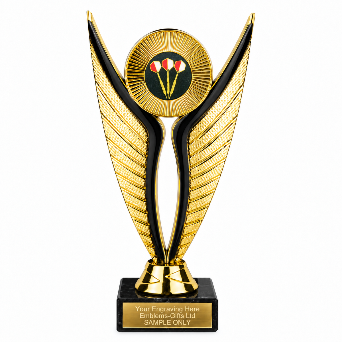 Three Darts economy trophy 195mm with plastic top and marble base