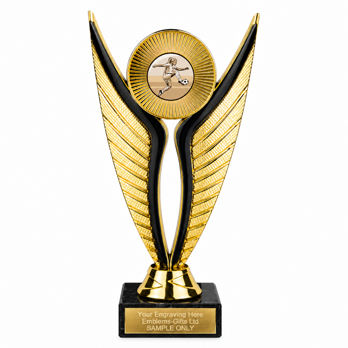 Female Footballer economy trophy 195mm with plastic top and marble base