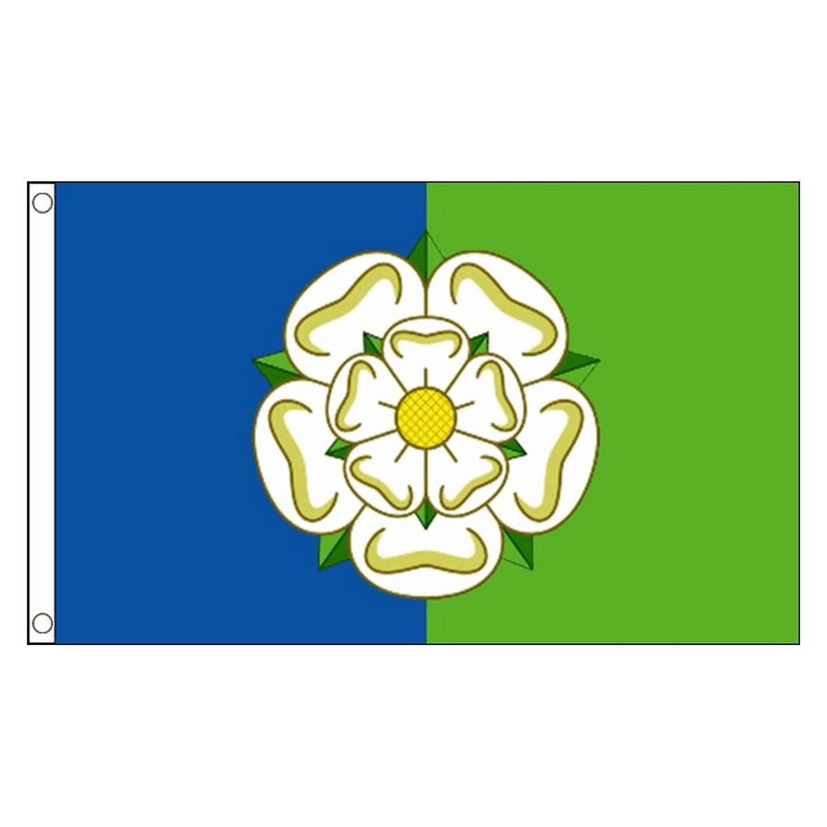 East Riding of Yorkshire flag with central white rose on blue and green vertical halves, 5ft x 3ft