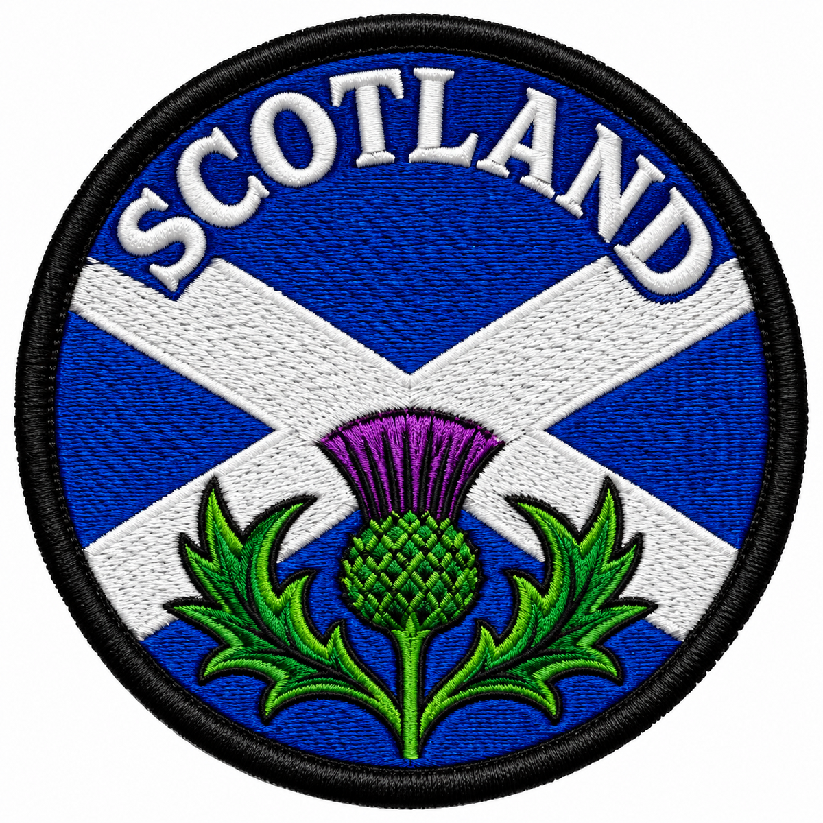Round 80mm Scotland embroidered patch showing a purple and green thistle below a white Saltire on blue, with SCOTLAND lettering, finished with a black border.