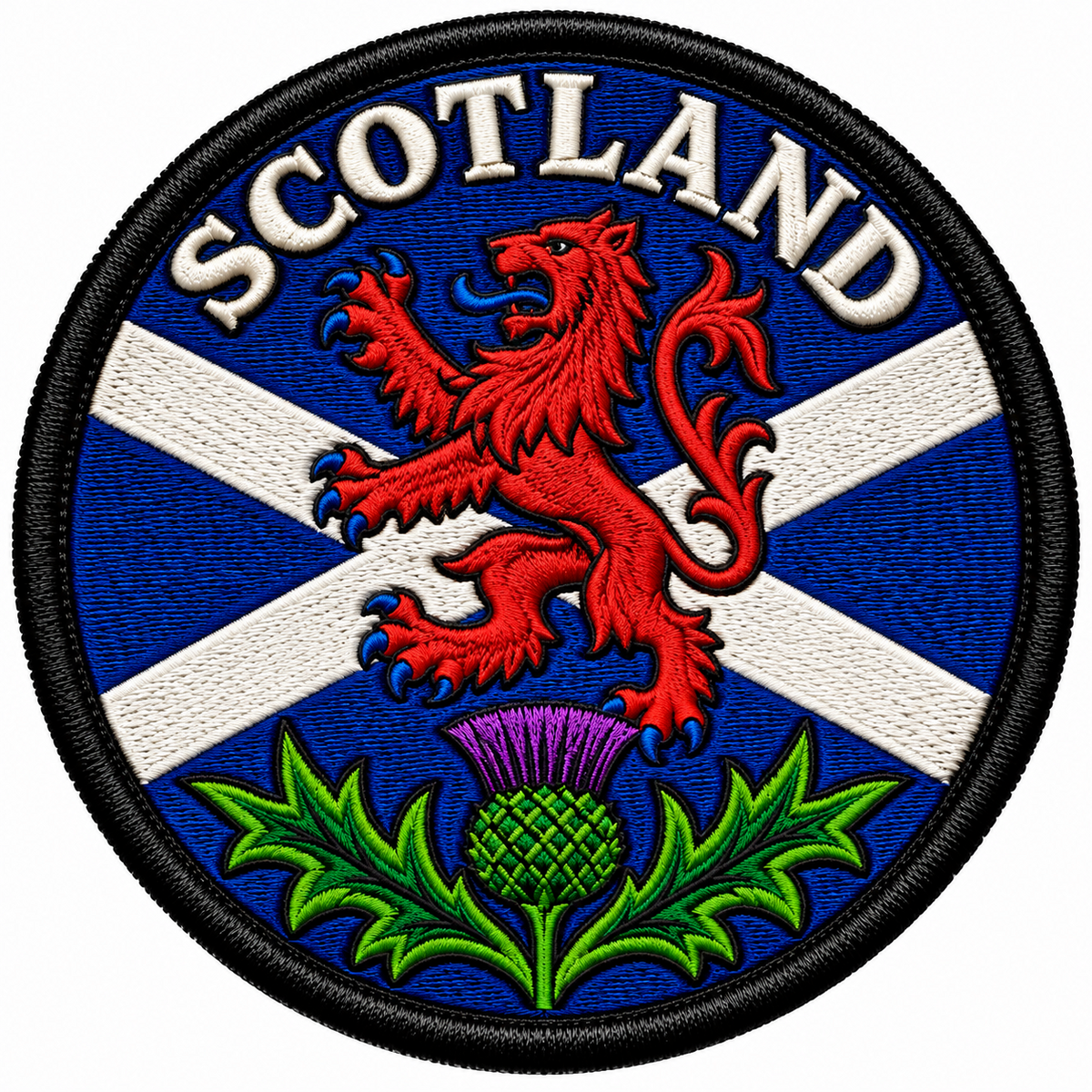 Round 80mm Scotland embroidered patch showing a red lion rampant above a purple thistle, with a white Saltire on blue and SCOTLAND lettering, finished with a black border.