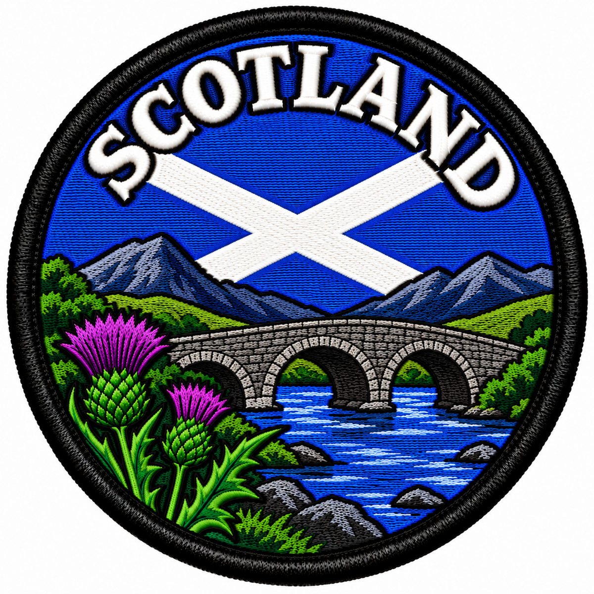 Round 80mm Scotland embroidered patch showing a three-arch stone bridge over blue water with mountains and purple thistles, with a Saltire and SCOTLAND lettering, finished with a black border.