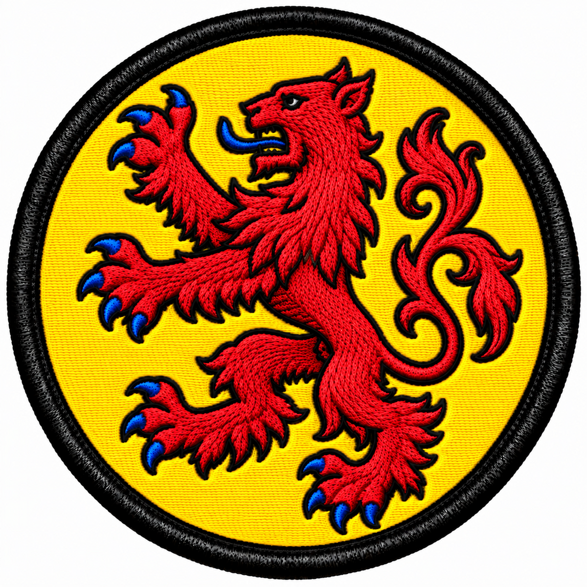 Round 80mm Scotland embroidered patch showing a red lion rampant with blue claws and tongue on a plain yellow background, finished with a black border.