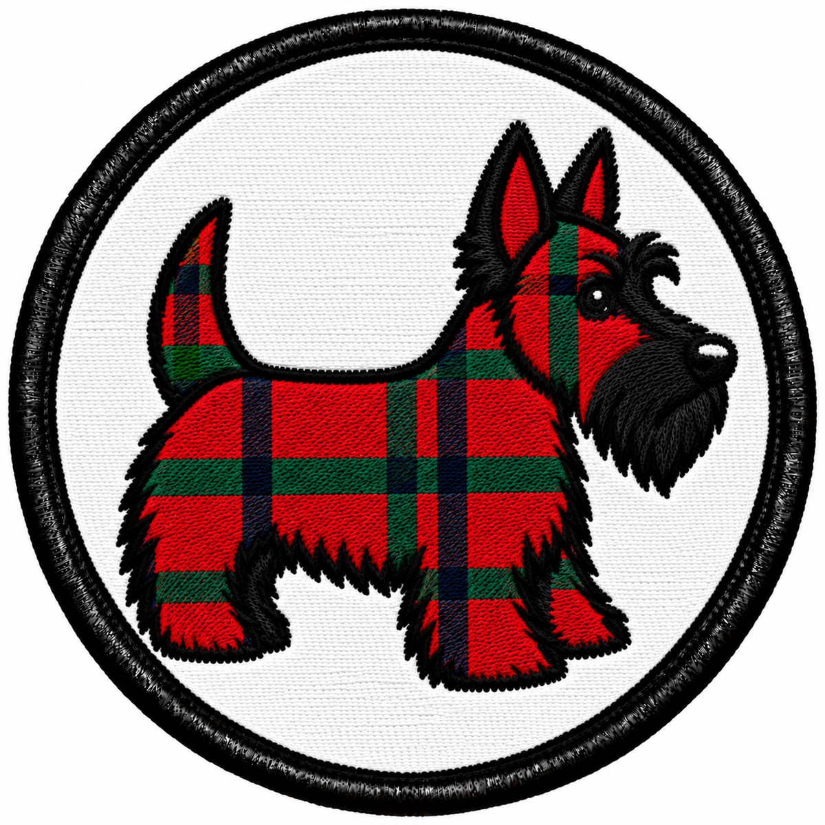 Round 80mm embroidered patch showing a red and green tartan Scottie dog with black facial details on white, framed by a black border.