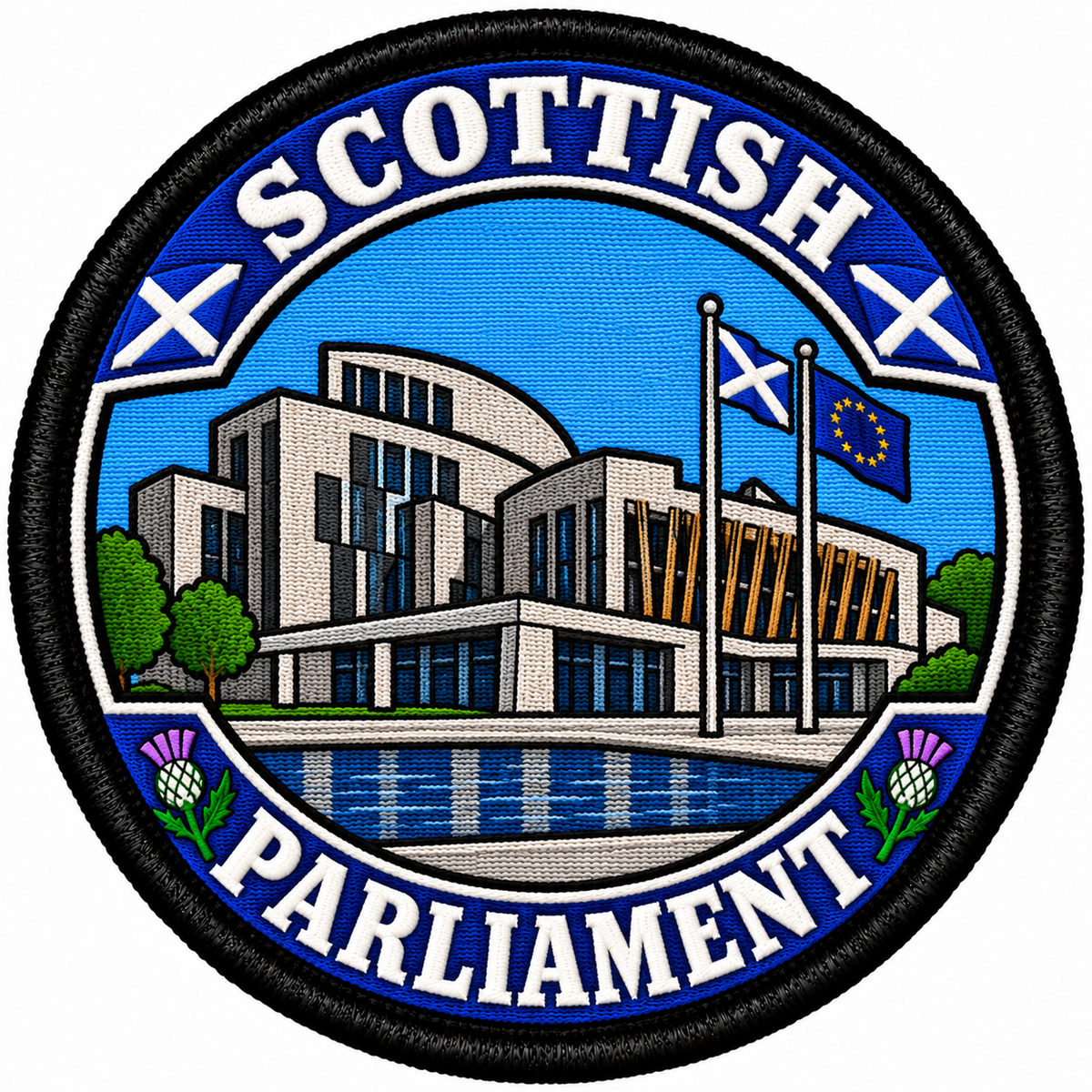 Round 80mm embroidered patch showing a stylised Scottish Parliament building with Scottish and European flags, thistles and SCOTTISH PARLIAMENT lettering, framed by a black border.