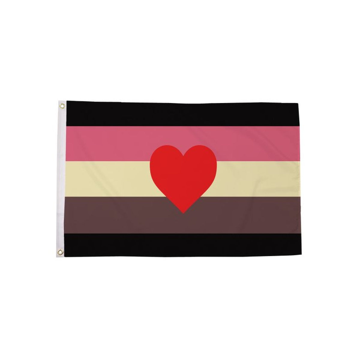 Fat Fetish Pride Flag 5ft x 3ft with black pink cream brown stripes and red heart