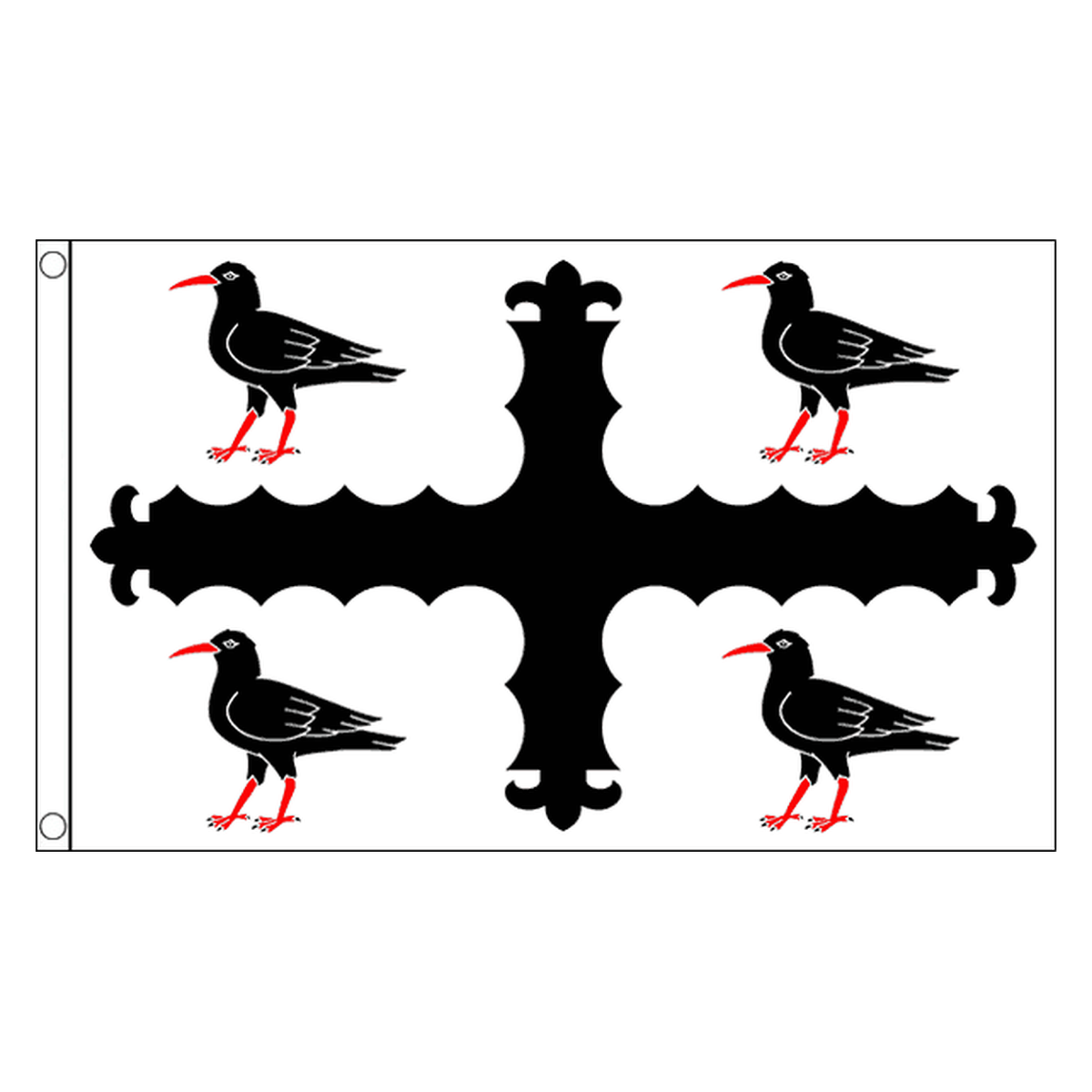 Flintshire county flag with decorative black cross and four black birds with red beaks and legs on white, 5ft x 3ft