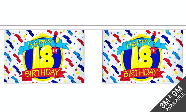 Happy 18th Birthday 3 metre bunting, 10 flags - Flagmania