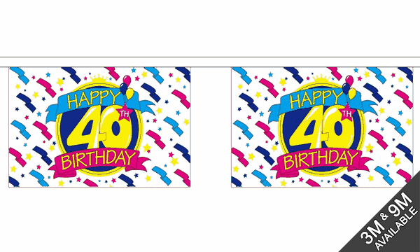 Happy 40th Birthday 3 metre bunting, 10 flags - Flagmania