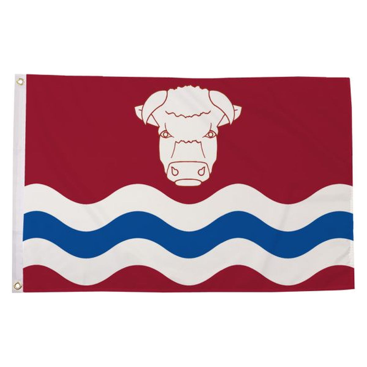 Herefordshire new county flag with white bull’s head on red above blue and white waves, 5ft x 3ft