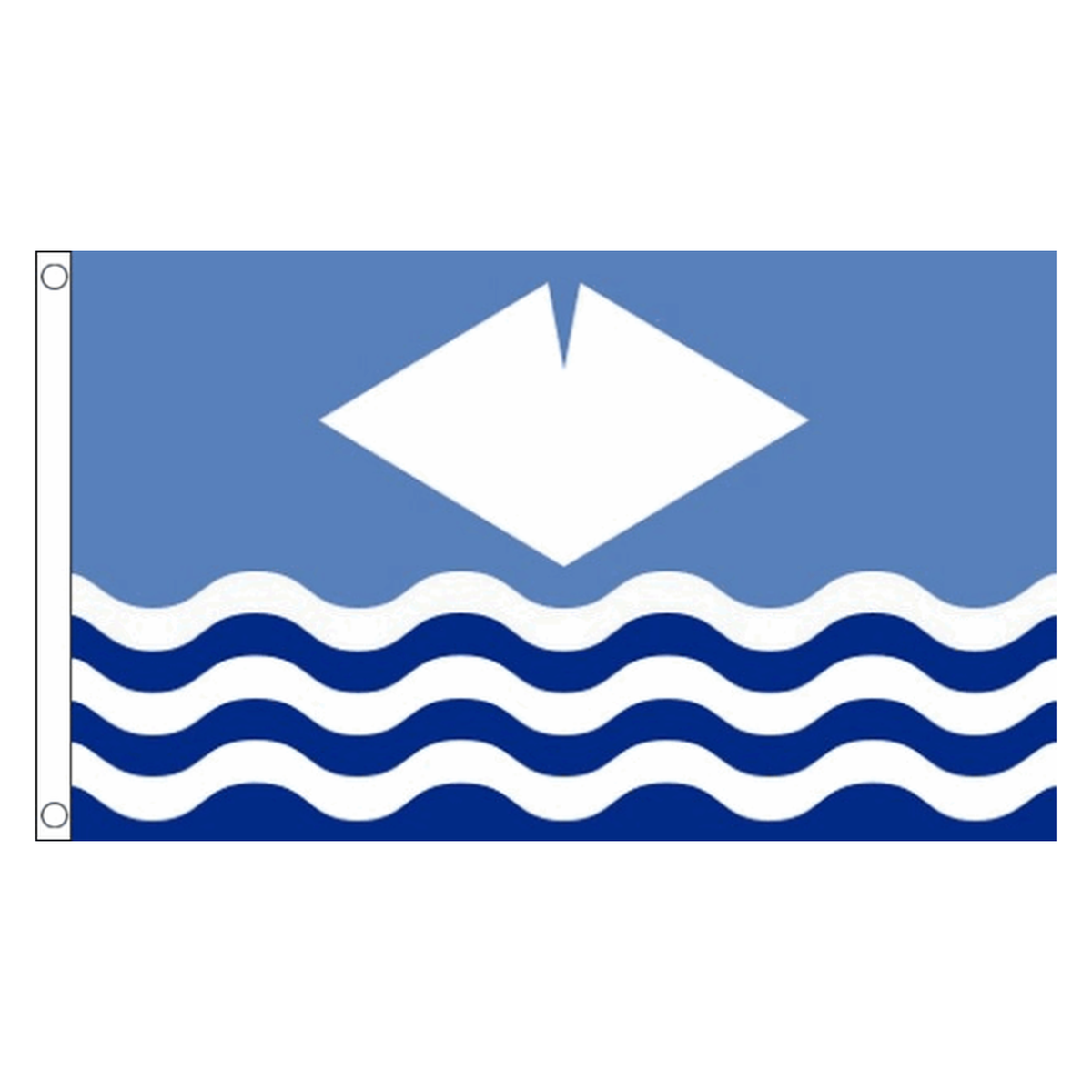 Isle of Wight New Waves flag with white island-shaped diamond above blue and white waves, 5ft x 3ft
