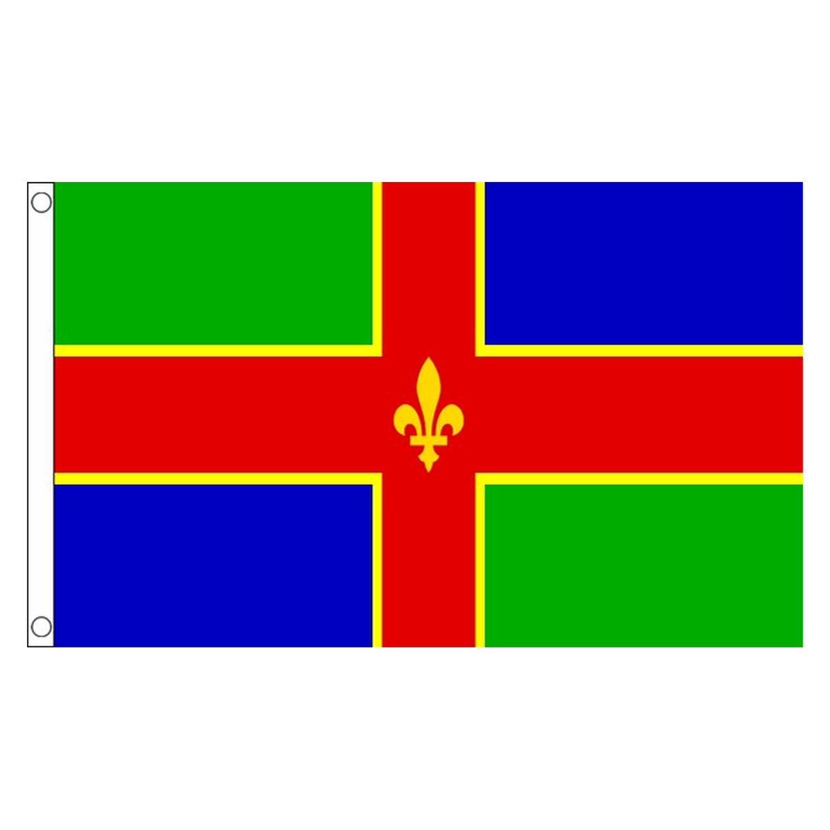 Lincolnshire county flag with red cross edged in gold, green and blue quarters and gold fleur-de-lis, 5ft x 3ft