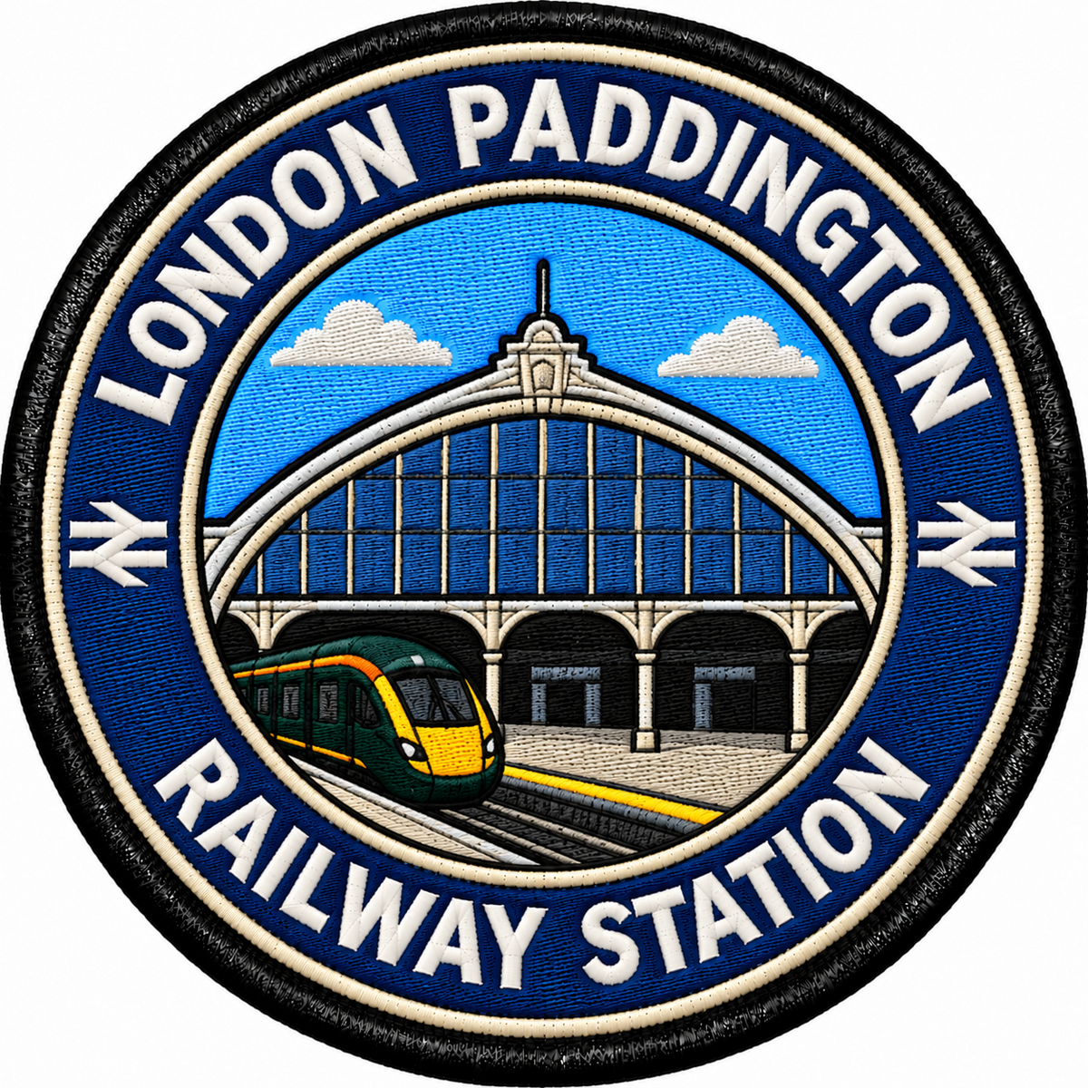Round 80mm embroidered patch showing a green passenger train beside a stylised Paddington station facade with an arched glass roof, finished with a black border.