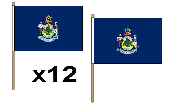 Flagmania Maine wooden hand flags, 9x6 inch, pack of 12, no bases