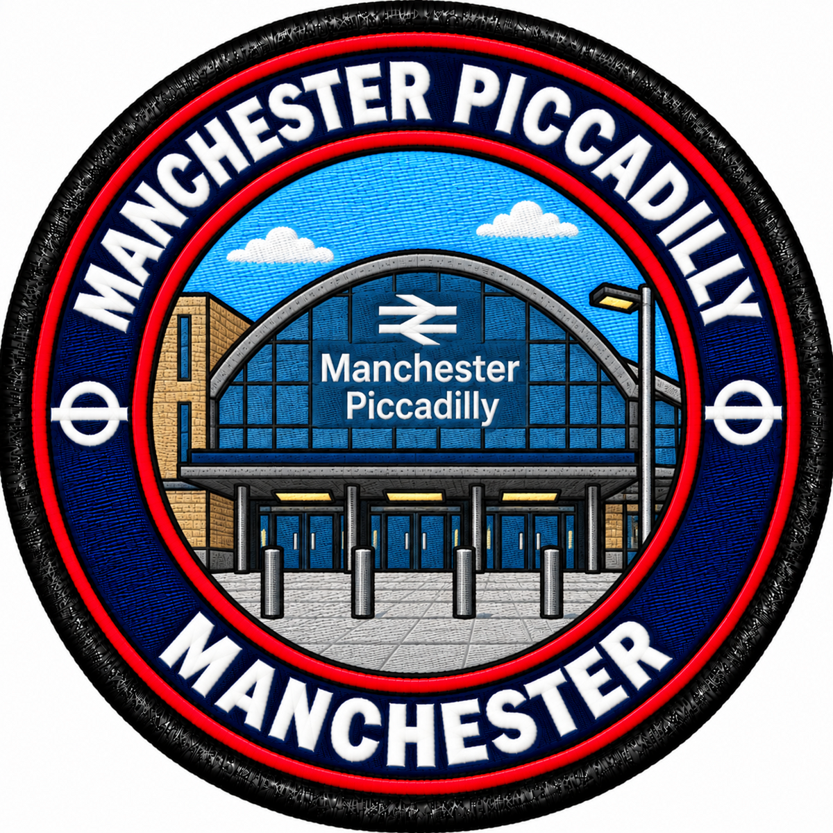 Round 80mm embroidered patch showing a stylised arched Manchester Piccadilly station entrance, with white lettering on a navy ring and red trim, finished with a black border.