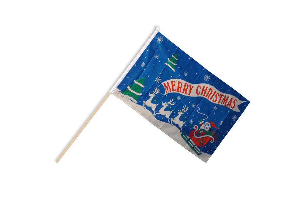Flagmania Merry Christmas Blue wooden hand flags, 9x6 inch, pack of 12, no bases