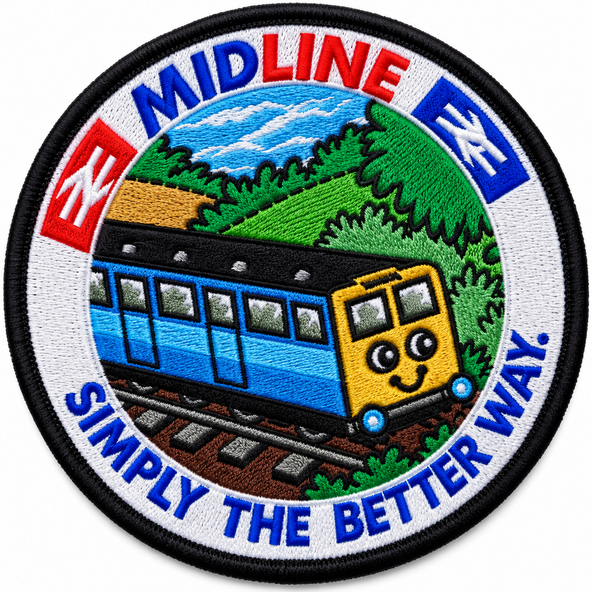 Round 80mm embroidered patch showing a smiling blue train with a yellow front travelling through green countryside, with MIDLINE and SIMPLY THE BETTER WAY! lettering, finished with a black border.