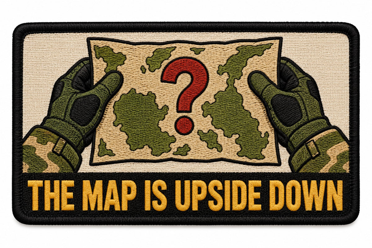 Map Upside Down embroidered patch design preview – 120mm longest edge