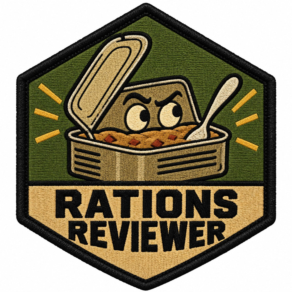 Rations Reviewer embroidered patch design preview – 110mm longest edge