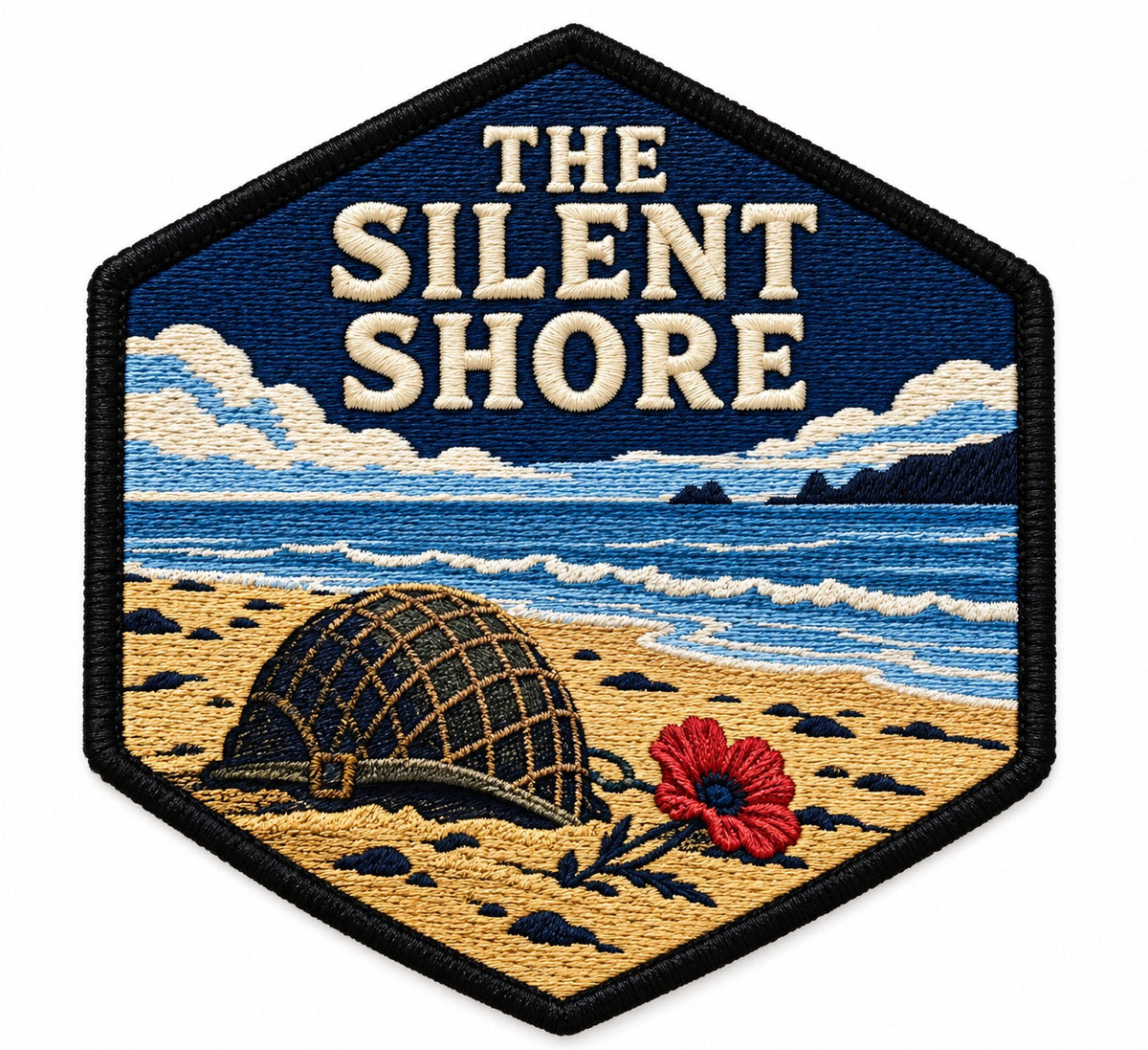 Silent Shore embroidered patch design preview – 110mm longest edge