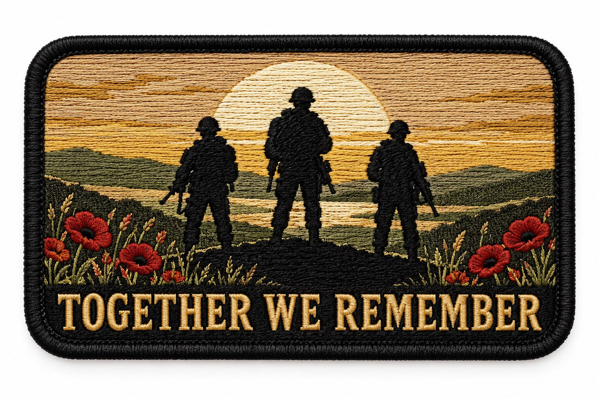 Remember Together embroidered patch design preview – 120mm longest edge