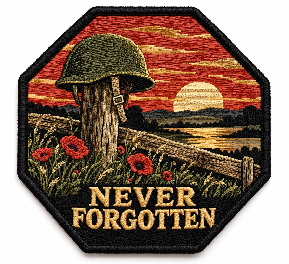 Never Forgotten embroidered patch design preview – 110mm longest edge
