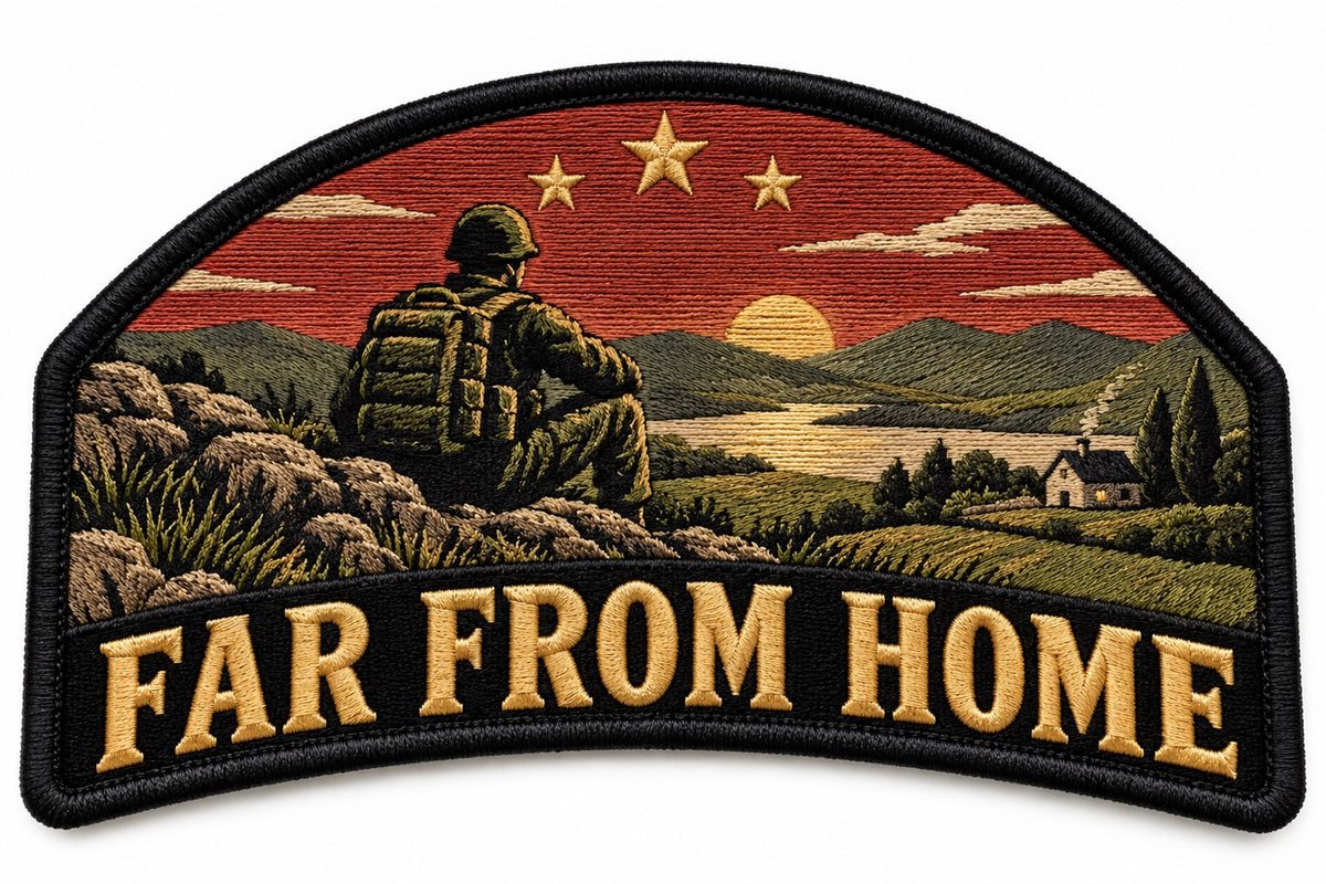 For Those Far From Home embroidered patch design preview – 120mm longest edge