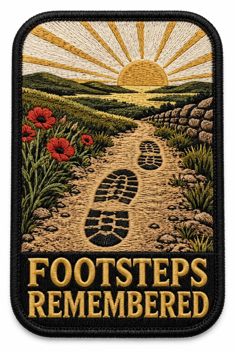 Footsteps Remembered embroidered patch design preview – 110mm longest edge