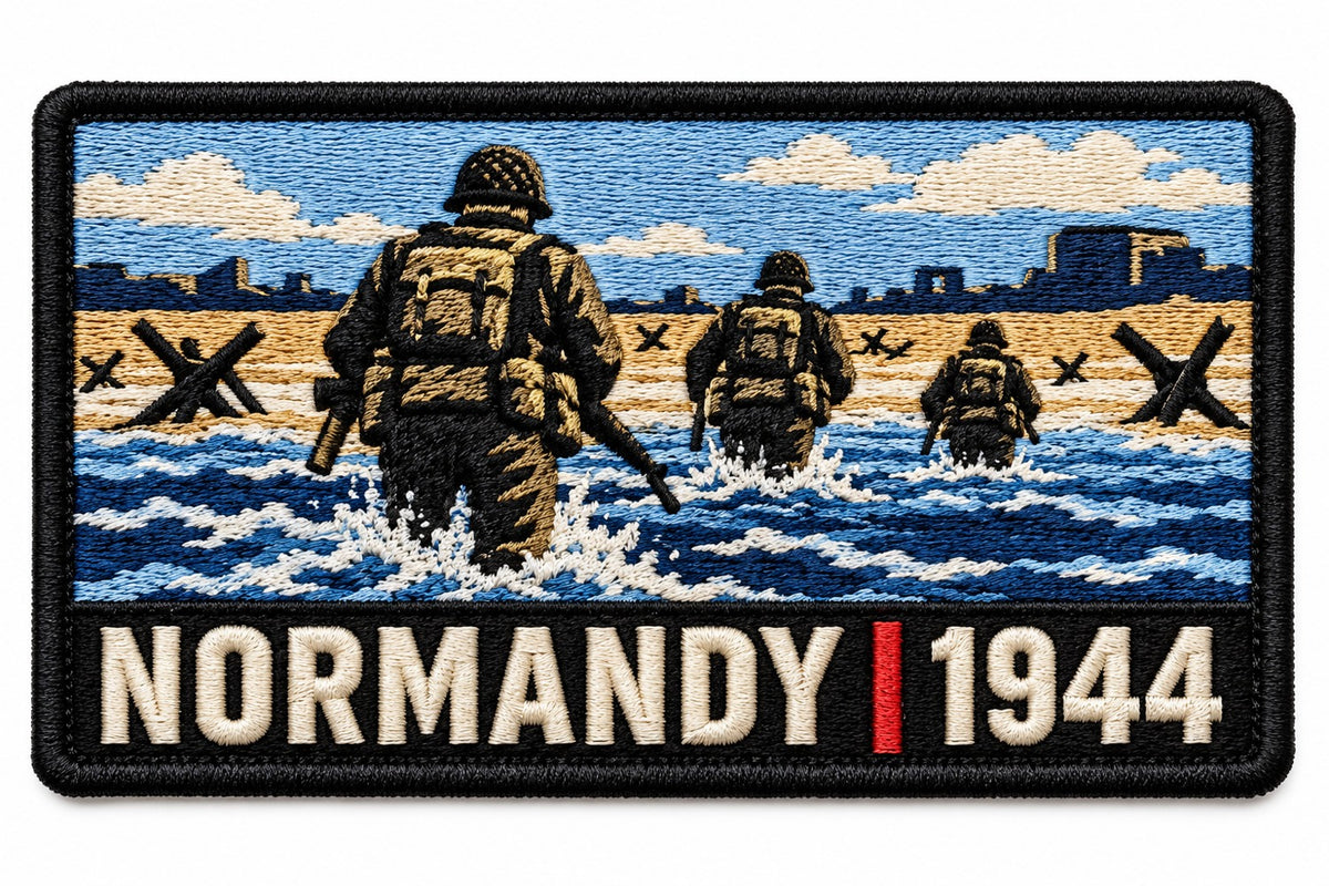 Normandy 1944 embroidered patch design preview – 120mm longest edge