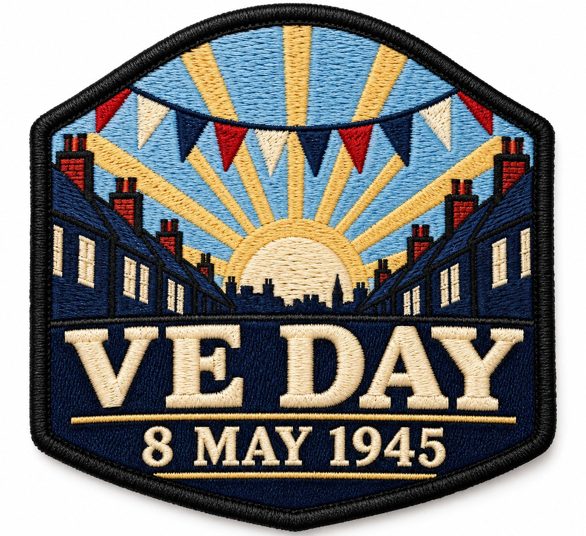 VE Day 8 May 1945 embroidered patch design preview – 110mm longest edge