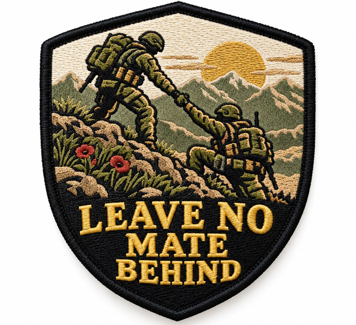 Leave No Mate Behind embroidered patch design preview – 110mm longest edge