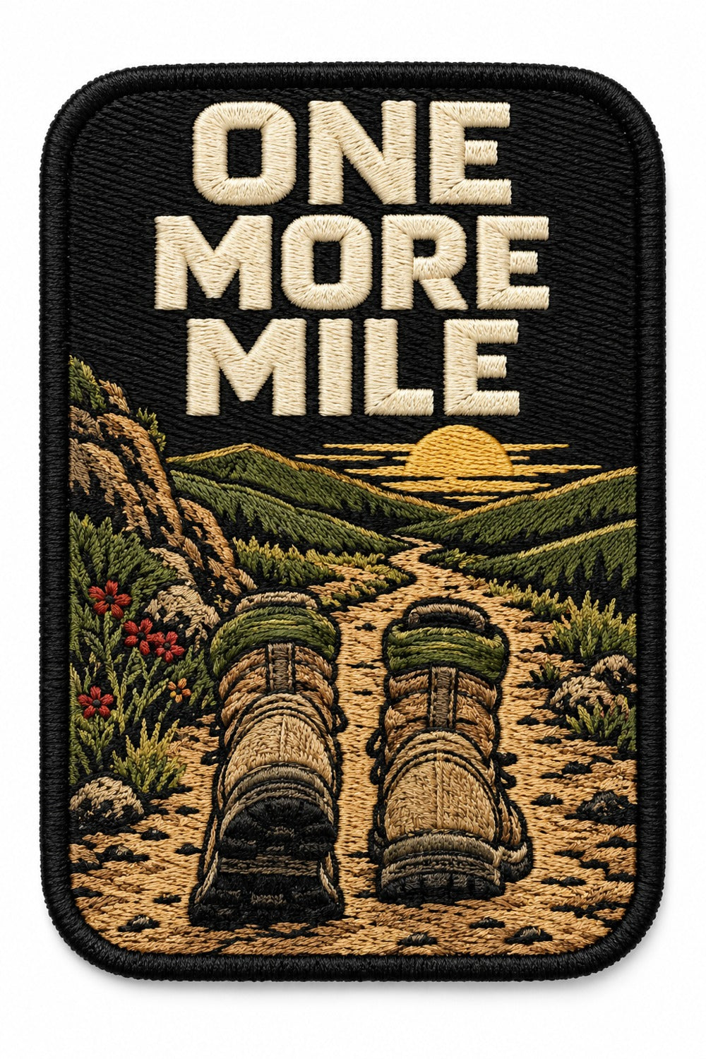 One More Mile embroidered patch design preview – 110mm longest edge