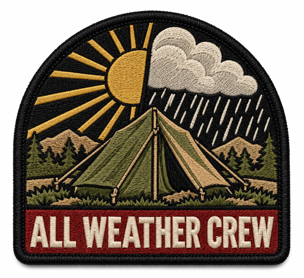 All Weather Crew embroidered patch design preview – 110mm longest edge