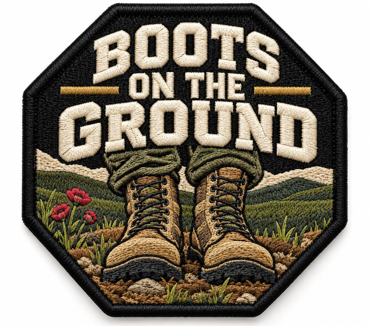 Boots on Ground embroidered patch design preview – 110mm longest edge