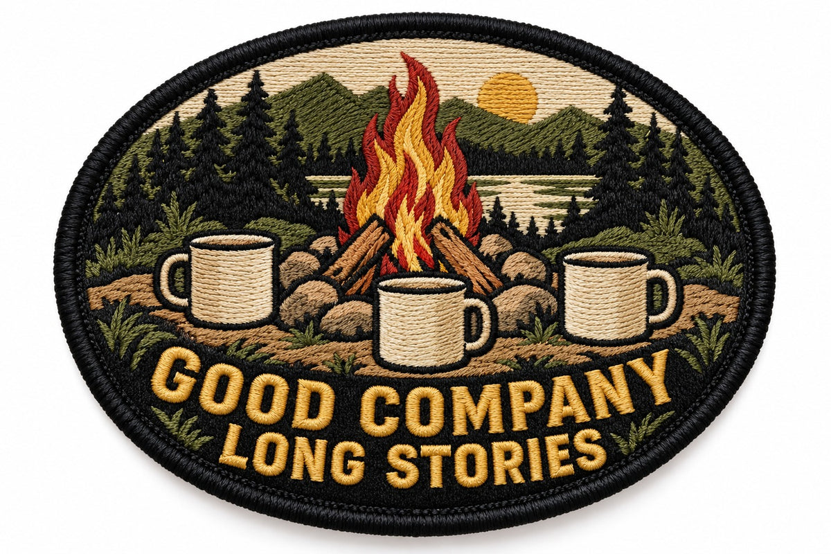 Campfire Company embroidered patch design preview – 120mm longest edge